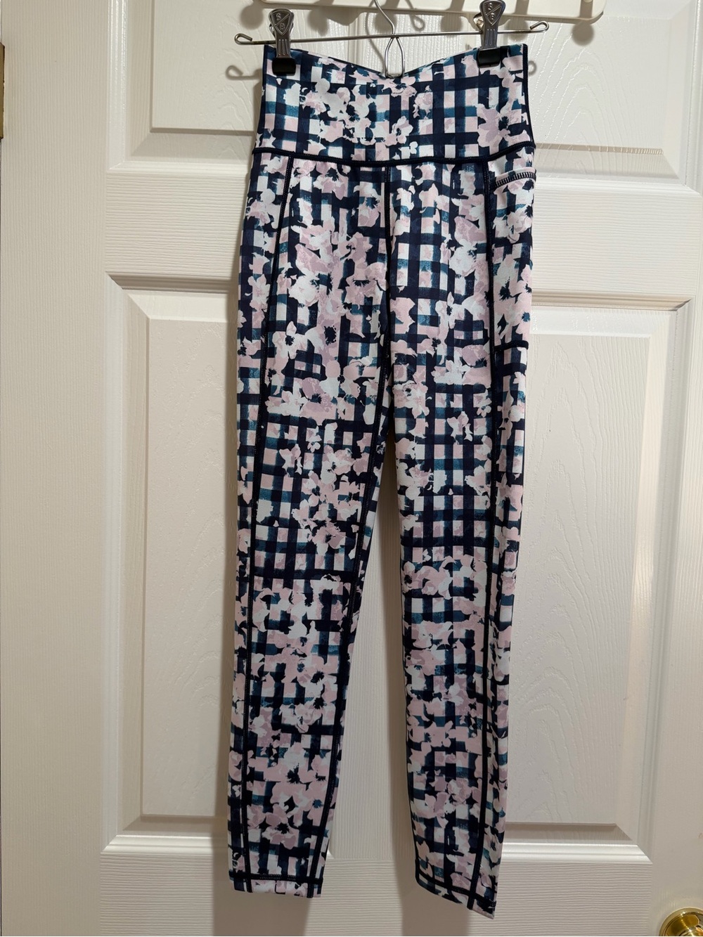 Sweaty Betty Super Sculpt Navy Grid with Light Pink Floral Leggings NWT